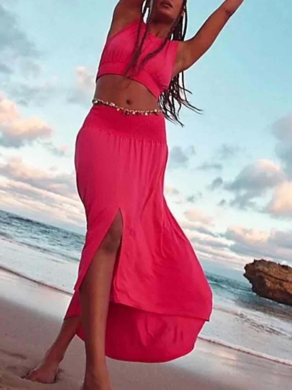 Free People | Morningside Set Hot Pink Maxi Skirt with Front Slit and Top SZ S